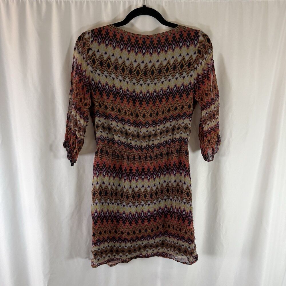 Glam Silk Dress Women's Small Brown Multicolor Vneck Semi Sheer Pullover Light - Picture 9 of 11